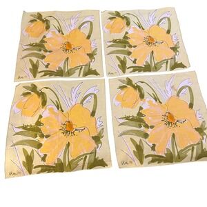 Vera Neumann Vintage Floral Poppy Napkins Set of 4 Yellow Green Ladybug Logo